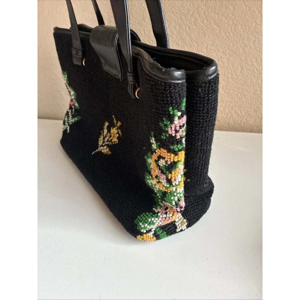 Vintage 1950s Needlepoint Carpetbag Handbag Tapestry Floral Shoulder Bag Purse